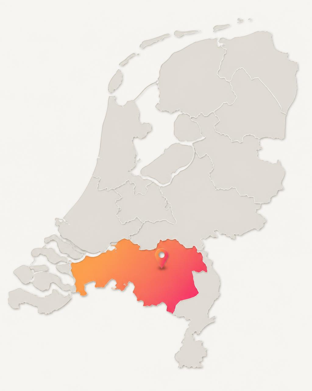 Kaart van Nederland met Noord-Brabant als werkgebied en Den Bosch gemarkeerd